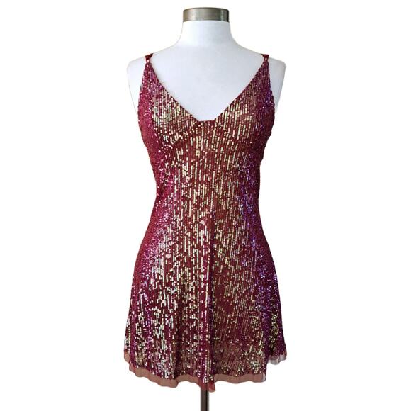 Free People Gold Rush Sequin Mini Dress in Wine Size Small Party Prom Mesh - Picture 2 of 12